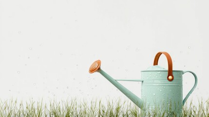 Light teal watering can on grass against a white wall