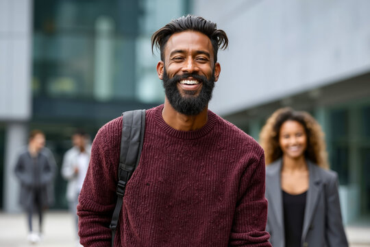 A man with a beard smiles at the camera while walking down a sidewalk