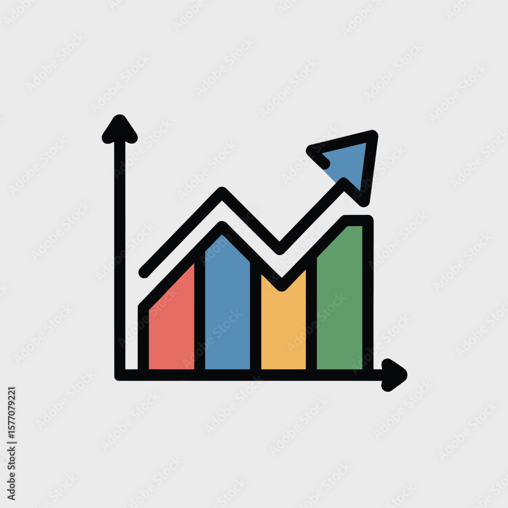 Poster colorful bar chart graph showing upward trend with arrow icon increasing data statistics business gr