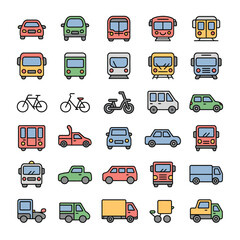 Colorful Line Art Icons Collection Diverse Transportation Modes Including Cars Trucks Buses Trains Bicycles and More Detailed Vehicle Representations