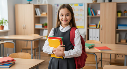 Smiling schoolgirl with books and backpack in a bright classroom setting
