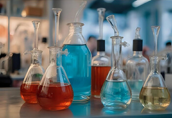 close-up scene in a modern chemical laboratory; colorful liquids in glasses