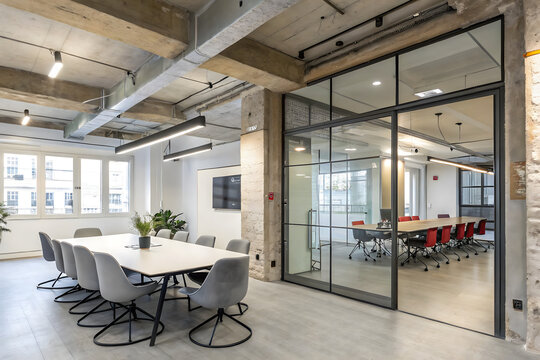 Modern coworking office, featuring a spacious meeting room with a large table, gray chairs, exposed concrete beams, and a transparent glass partition