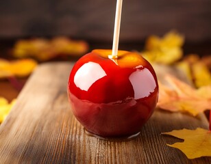 A shiny red apple covered in golden caramel, with a wooden stick, on a wooden table