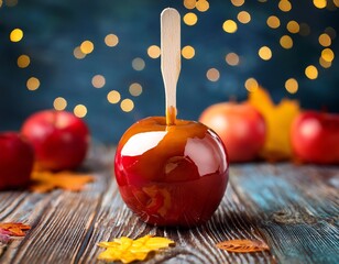 A shiny red apple covered in golden caramel, with a wooden stick, on a wooden table