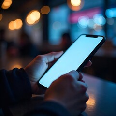 Mobile & Tech Usage
Close-up of hands using smartphone with blank screen in a cafe, modern technology, social media, communication.