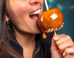 Detail of a person biting into a caramel apple while holding it from the stick