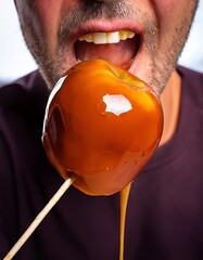 Detail of a person biting into a caramel apple while holding it from the stick