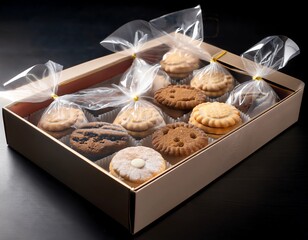A pretty box of cookies wrapped in waxed paper or cellophane