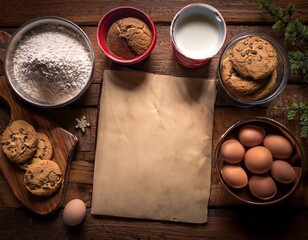 A sheet of paper to write a cookie recipe on a table, next to the ingredients to use