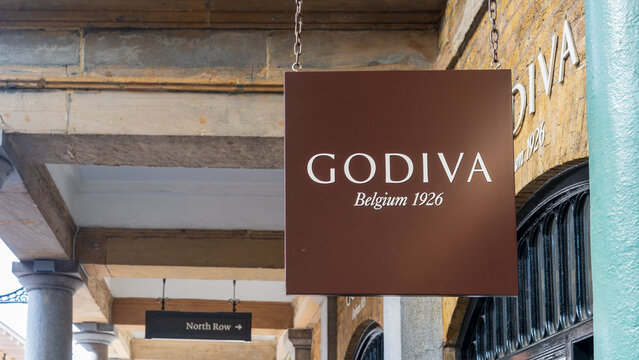 Godiva Chocolatier shop sign, 25 April, London, UK