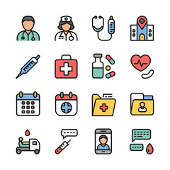 Colorful Medical Icons Set Doctor Nurse Hospital Stethoscope Syringe First Aid Kit Pills Heartbeat Calendar Medical Files Telemedicine Appointment Blood Test