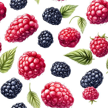 2D illustration of a tileable pattern of raspberries and blackberries isolated on a white transpatent background