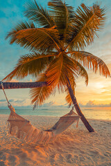 Majestic sky tropical beach gorgeous sunset landscape with luxury resort palm swing hammock sand...