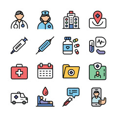 Colorful Medical Icons Set Doctor Nurse Hospital Syringe Pills Blood Test Calendar First Aid Ambulance Healthcare Mobile App