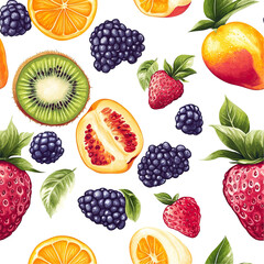 2D illustration of a tileable pattern of tropical fruit mix isolated on a white transpatent background
