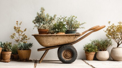 Vintage wheelbarrow filled with plants against a white wall