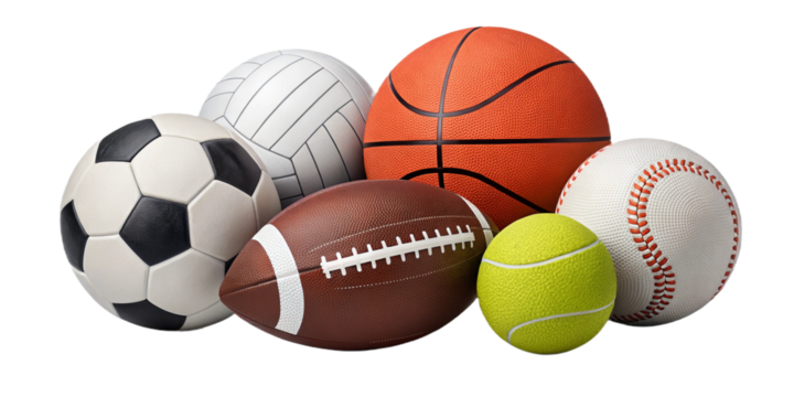 Sport activity balls, variety set bundle PNG transparent background, isolated graphic resource cutout. Soccer, american football, basketball, baseball, volleyball, tennis, golf, bowling