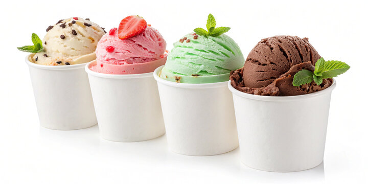 Vanilla, Strawberry, Chocolate, Mint Chocolate Chip ice cream transparent PNG set bundle, isolated background. White paper cup mockup, parlour shop menu dessert, vibrant colorful classic flavour