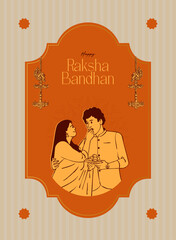 Happy Raksha Bandhan text with brother and sister celebrating Raksha Bandhan Festival elements and vector illustration for social media post