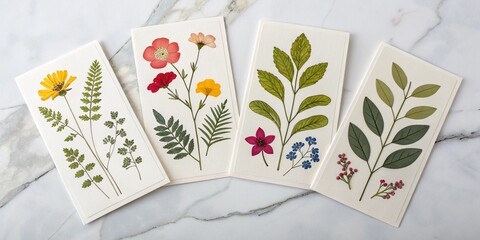 Pressed Botanical Cards on Marble Background