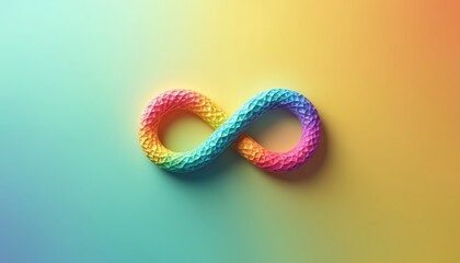 Rainbow-colored infinity symbol in gradient background, soft pink to bolder red, centered, eye-catching. Symbol represents infinite possibilities, diversity, inclusivity. Vibrant colors, abstract