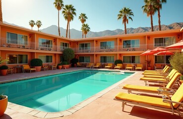 Fototapeta premium Retro-inspired boutique hotel in Palm Springs with modernist architecture. Orange, blue buildings with blue roofs. Palm trees, red umbrella create sunny atmosphere. Bright colors, clear blue sky.