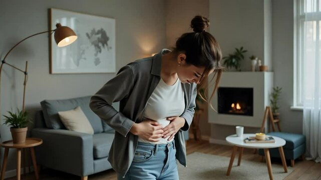 A woman experiences abdominal discomfort and cramping at home, possibly related to menstrual pain or digestive issues, shown in this 4k healthcare footage.