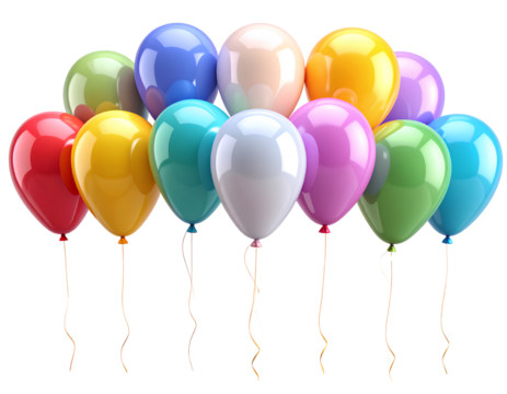 3D Colorful Balloons with Glossy Surfaces and Strings, Floating, Transparent Background