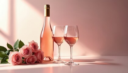Elegant table setting with pink rose, red wine glasses and bottle. Gold foil top wine bottle stands next to glasses on white countertop. Single pink rose near glasses on table.