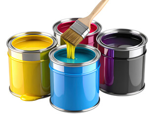 3D CMYK Paint Buckets with Wooden Brush and Color Drips, Transparent PNG Background