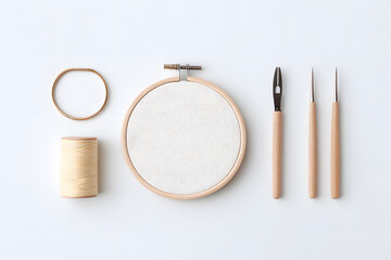 Contemporary embroidery setup with hoop, thread, and piercing tools arranged neatly on white &mdash; perfect for educational content, product mockups, or creative branding.