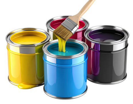 3D CMYK Paint Buckets with Wooden Brush and Color Drips, Transparent PNG Background