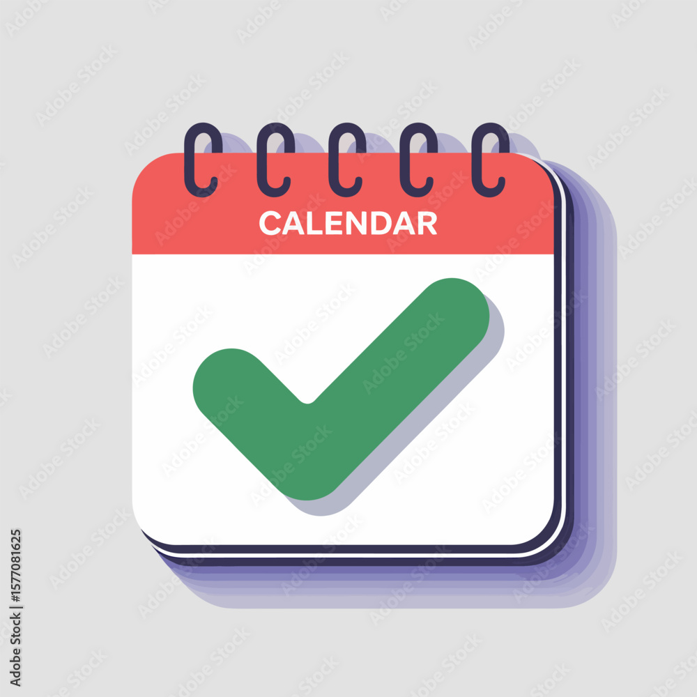 Aufkleber vector style illustration of a red and white calendar page with a large green check mark indicating 