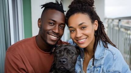 African descent young adult couple enjoying time with dog on balcony smiling