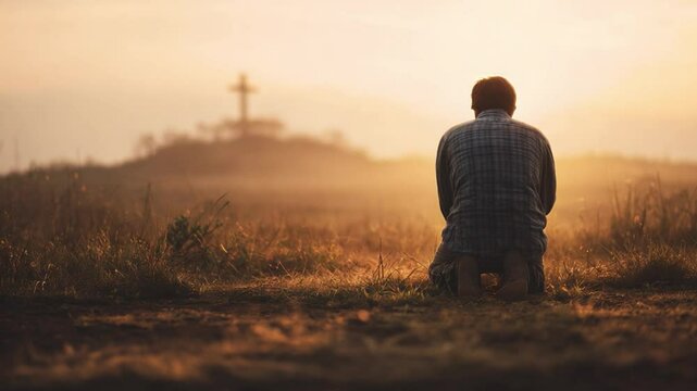 Person in contemplation at sunrise near a cross, surrounded by serene nature and warm golden light, expressing solitude and reflection