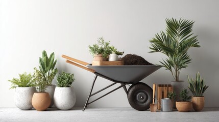 Garden tools and plants against a wall