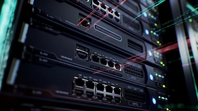 Detailed Server Array with Blue and Red Lights in a Dark Server Room Environment