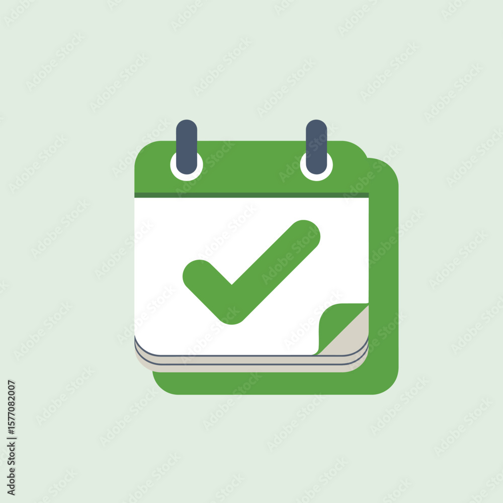 Aufkleber green flat calendar icon with large green checkmark on white background simple design element for sc