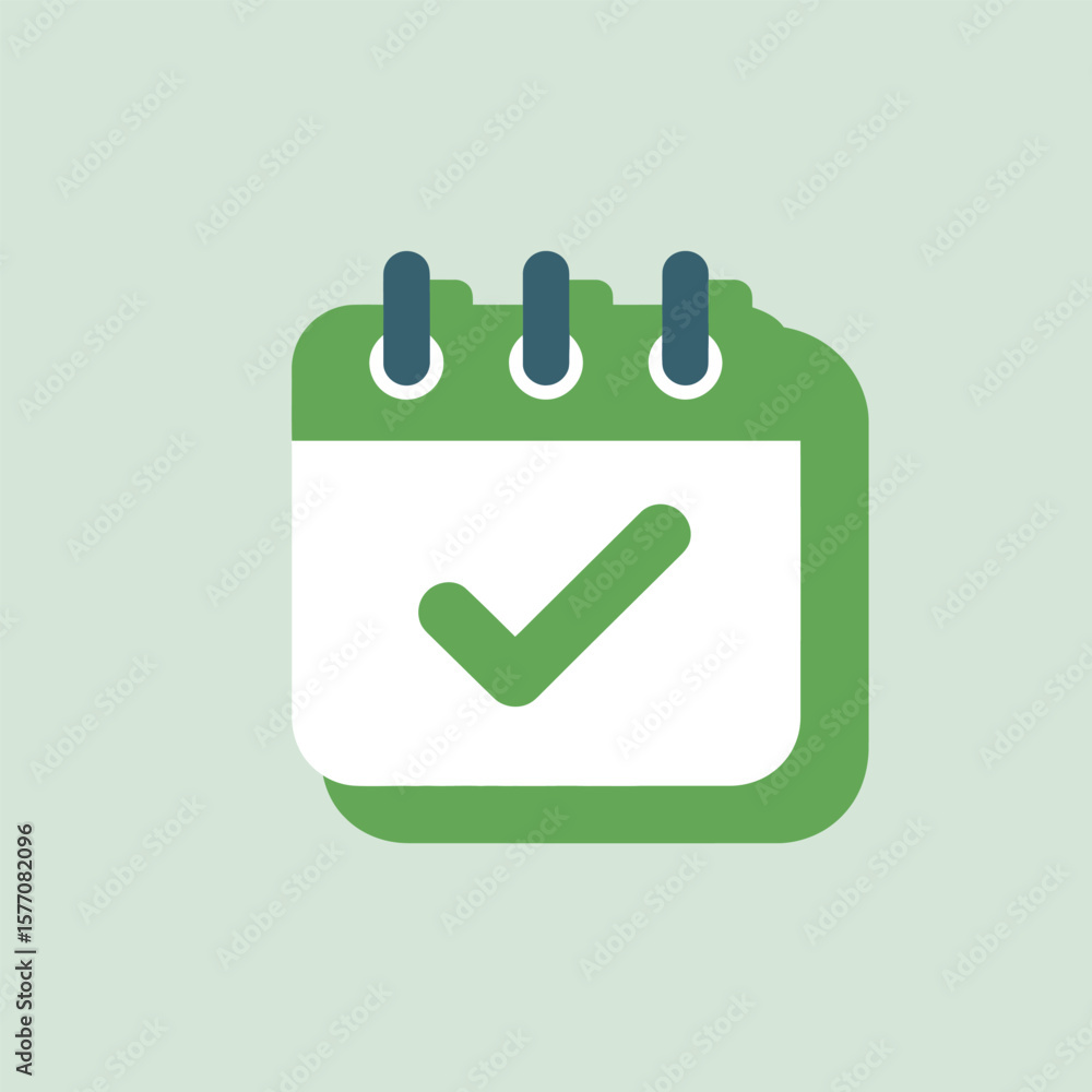 Poster green calendar icon with green checkmark on white background simple flat design illustration for tas