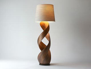 Elegant contemporary floor lamp with a twisted wood design stands tall