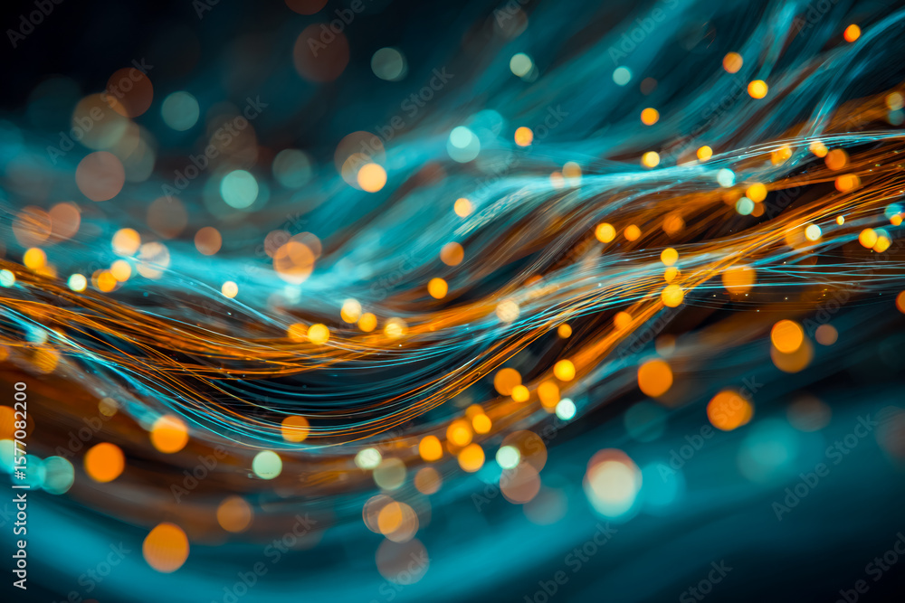 Poster abstract digital data stream with glowing light trails and bokeh effects