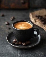 Minimal black coffee morning with espresso in handmade ceramic cup, realistic photography style
