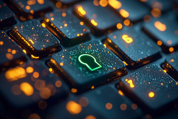 Backlit computer keyboard with illuminated lock icon and dew drops, close-up of cybersecurity and data protection concept