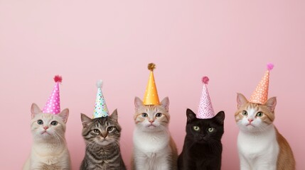 Five adorable cats wearing party hats against a pink background.