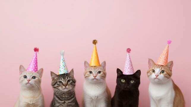 Five adorable cats wearing party hats against a pink background.