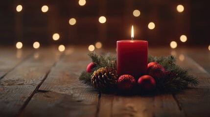 Red Candle With Christmas Decorations On Wooden Table