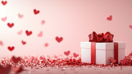 White Gift Box With Red Ribbon And Hearts