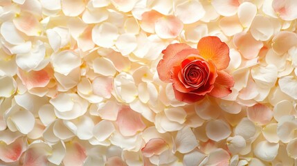 Single Orange Rose On Soft White Petals Background