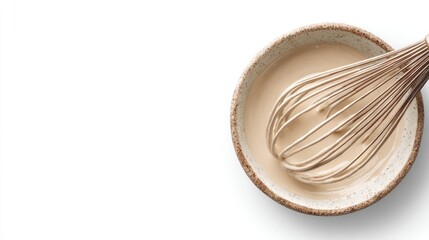 Creamy beige sauce in bowl, whisk